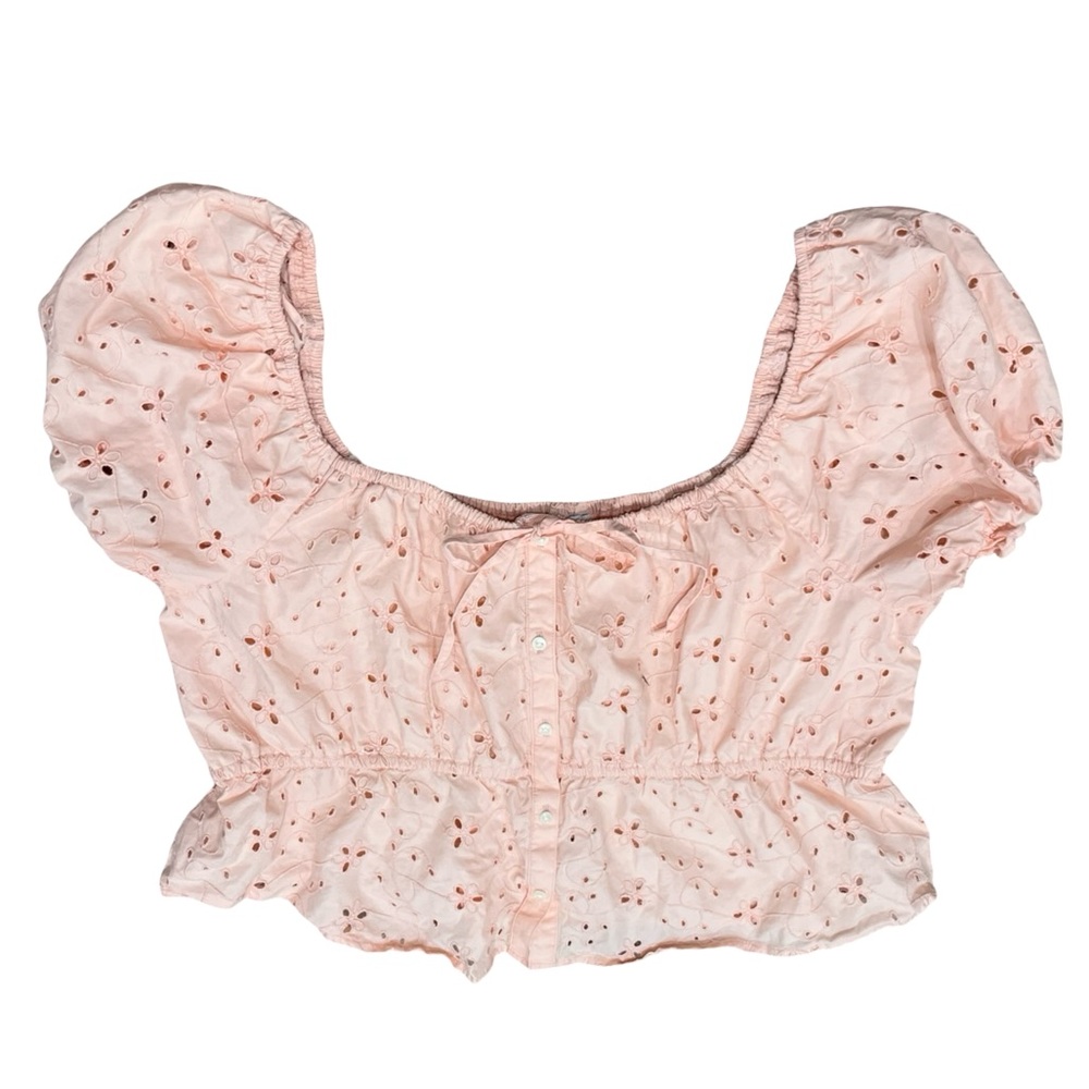 American Eagle Light Pastel Pink Puff Sleeve Babydoll Eyelet Lace Scoop Neckline - Picture 5 of 8
